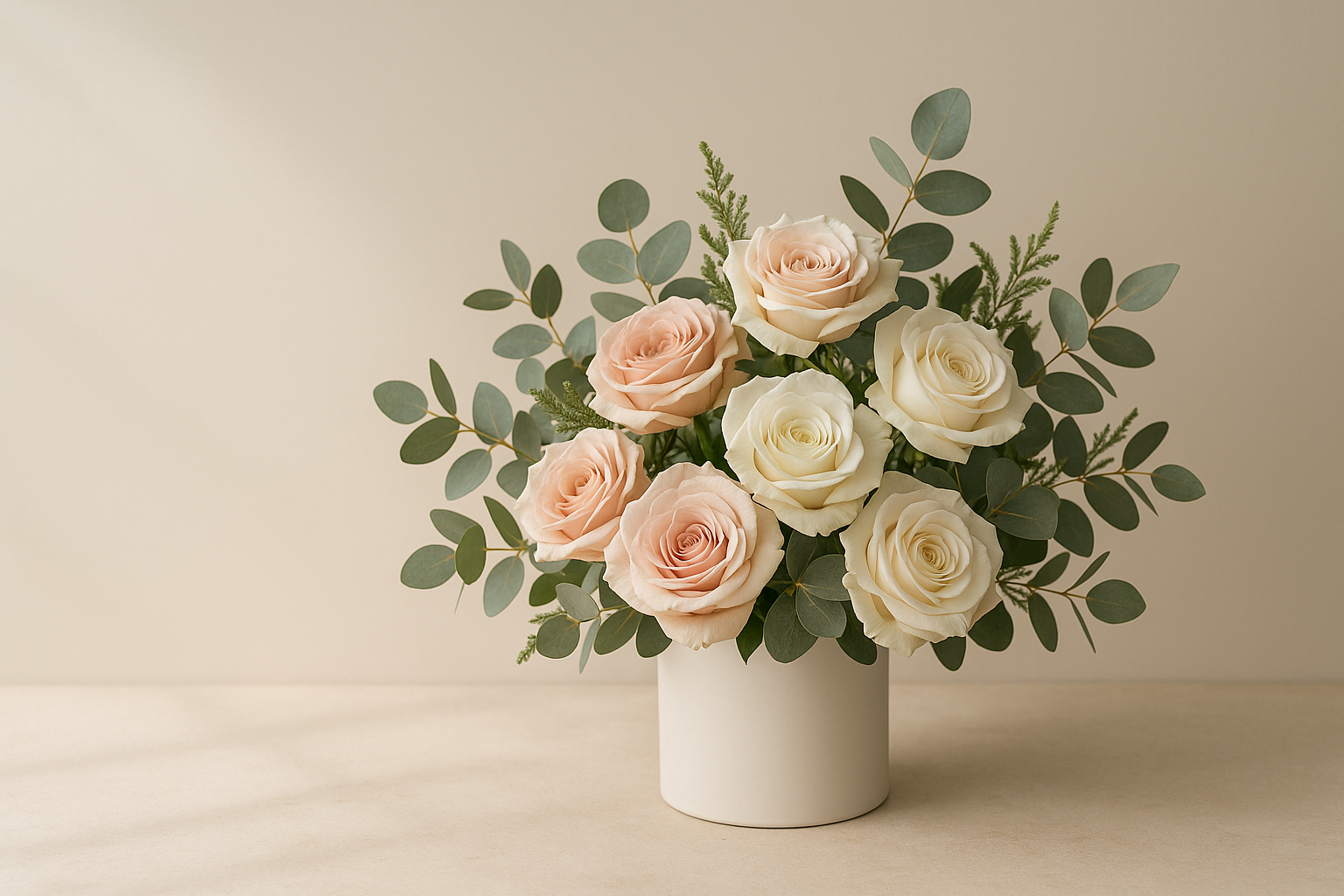 Premium modern floral arrangement on a neutral cream background, blush and ivory roses with eucalyptus and seasonal greenery in a minimal cylinder vase on a light stone surface. Soft diffused daylight, gentle shadows, high detail, editorial product photography, lots of negative space on the left for headline text. Ultra clean, no props, no text, no watermark. Malta vibe, contemporary luxury.